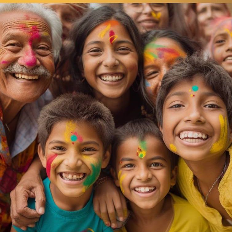 Laughing children and an older man with colored paint on their faces.