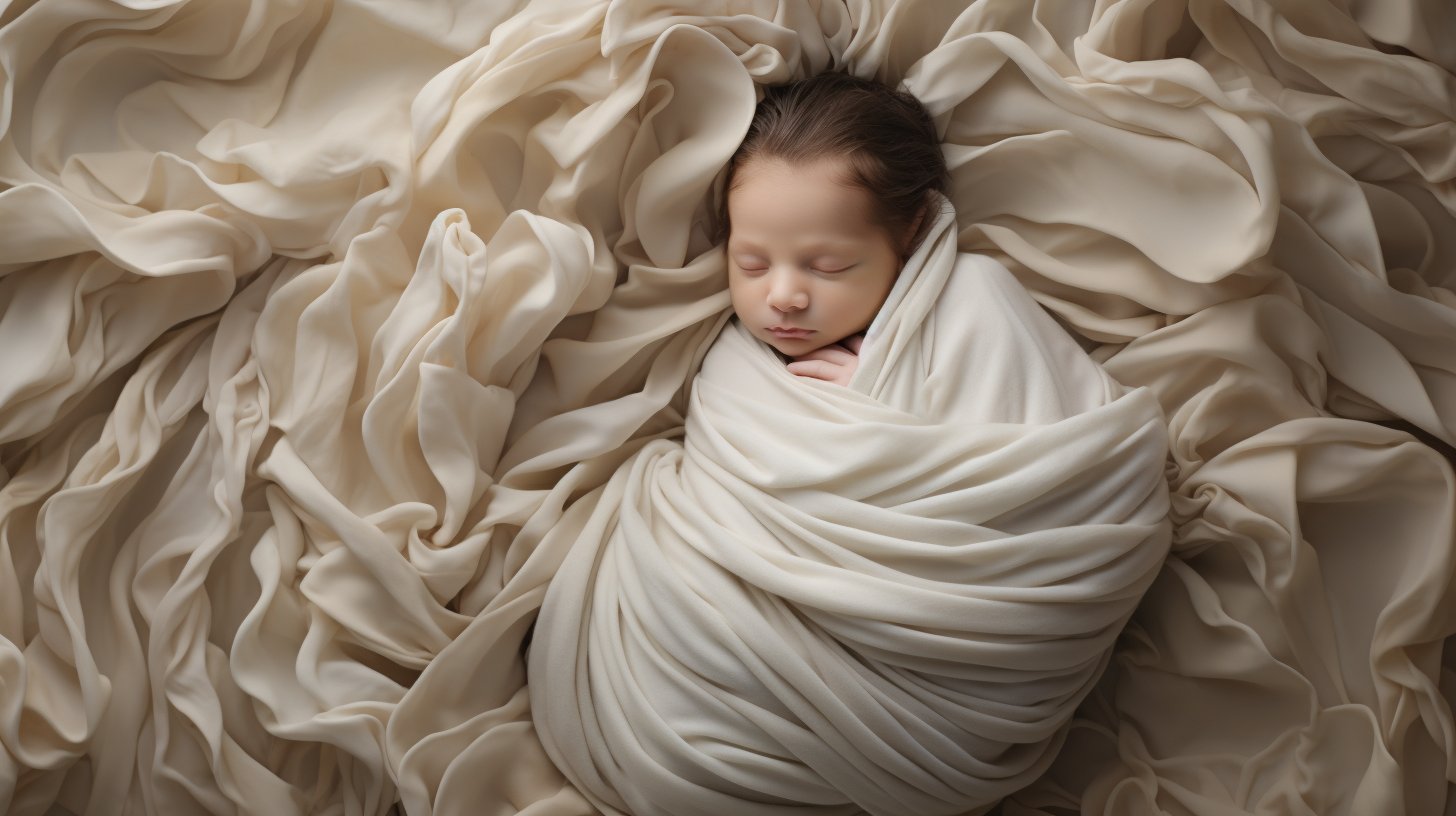 A newborn baby asleep, swaddled in a cream blanket.